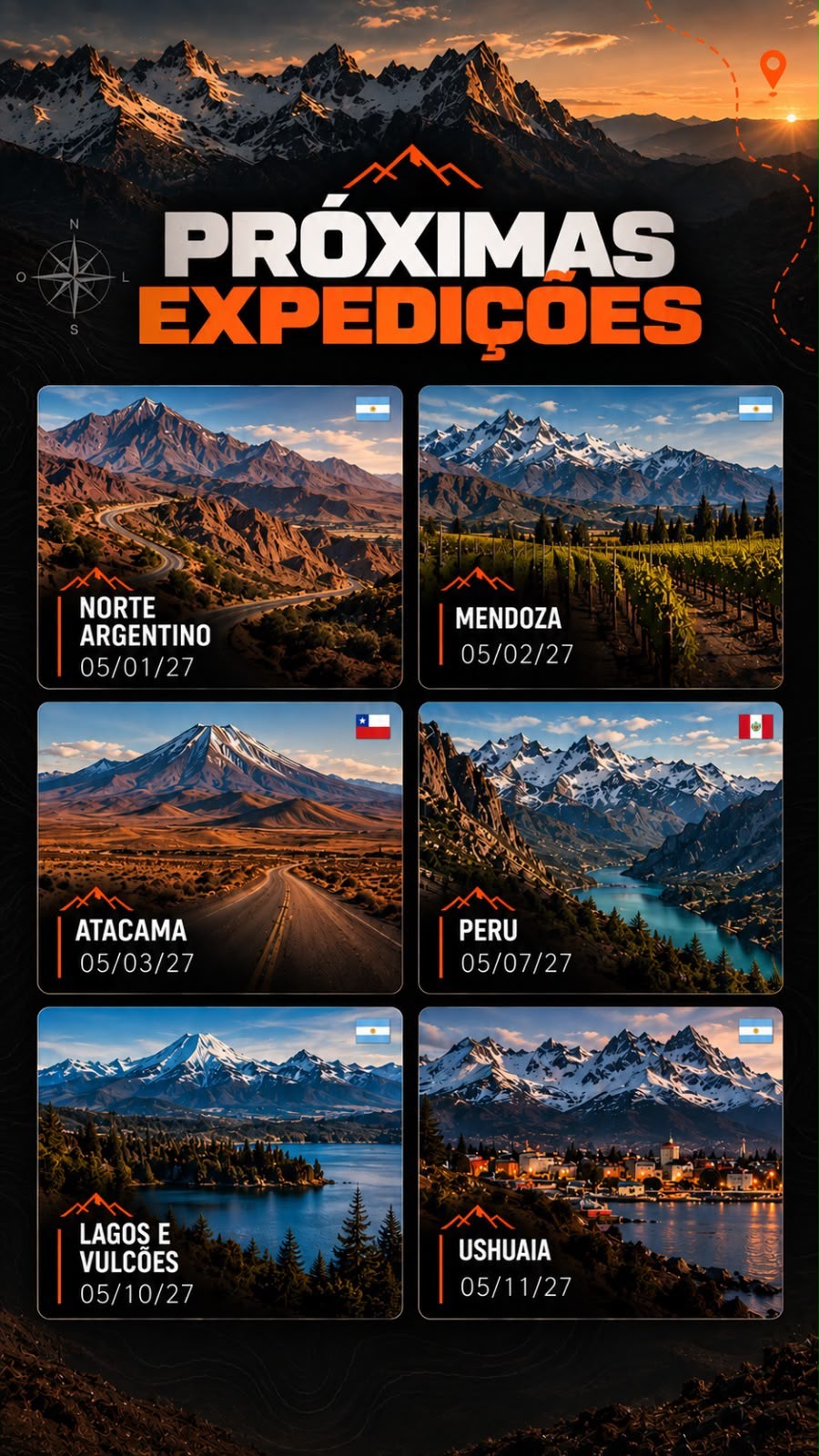 Próximas expedições internacionais: Norte Argentino, Mendoza, Atacama, Peru, Lagos e Vulcões e Ushuaia